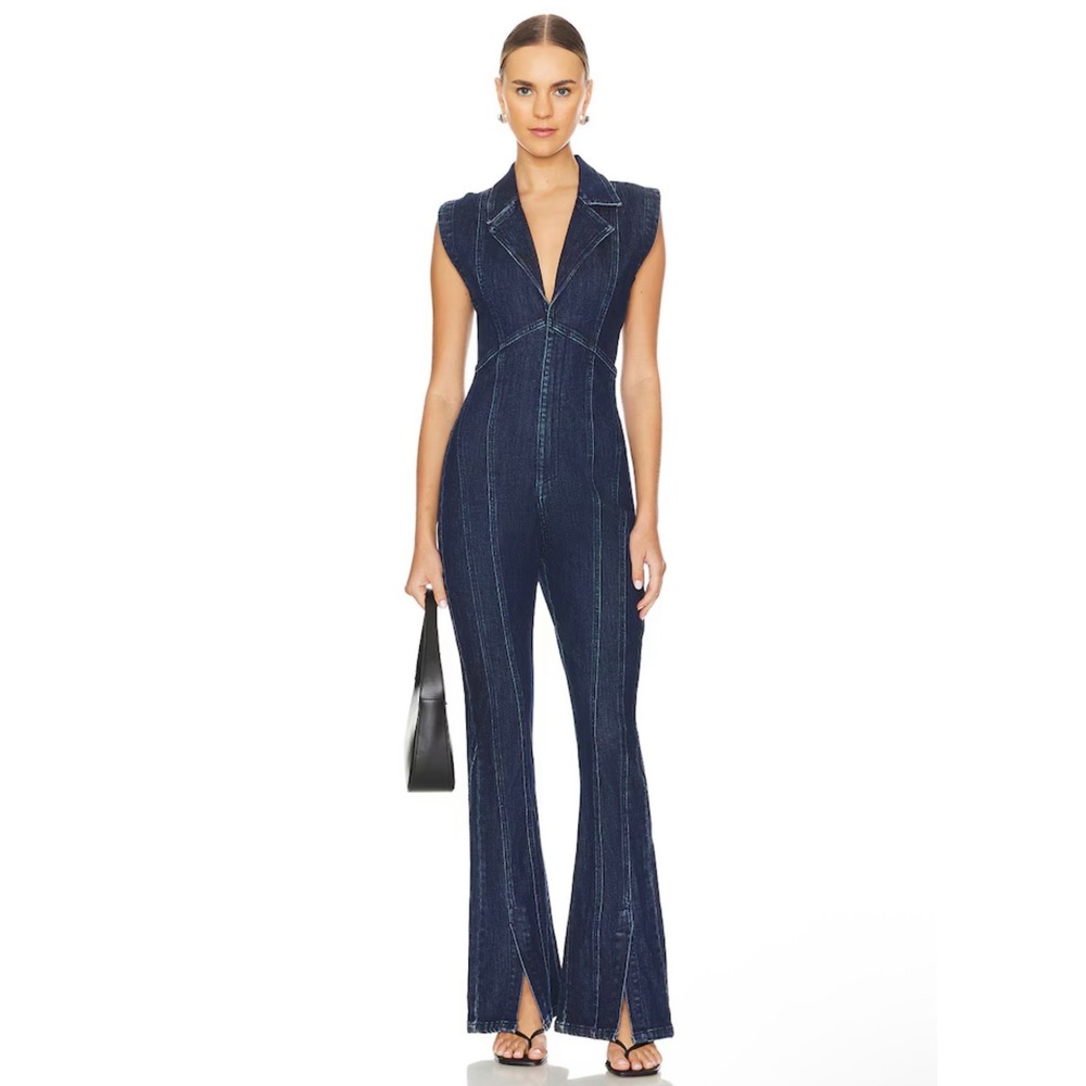 We The Free People CRVY Thistle Denim Jumpsuit Indigo Blue Flare Leg Small